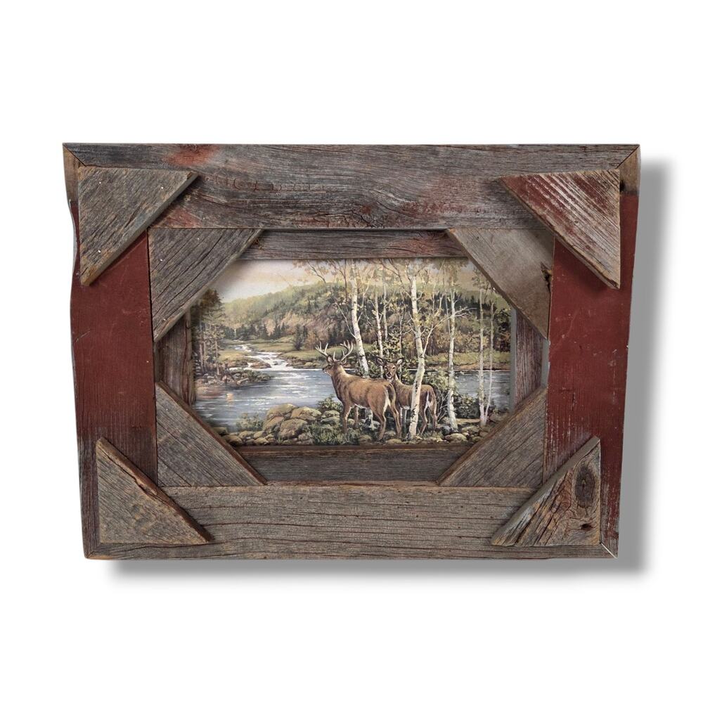 Handmade Barnboard Wood Picture Frame Art Print Northwoods Cabin Decor Deer Buck